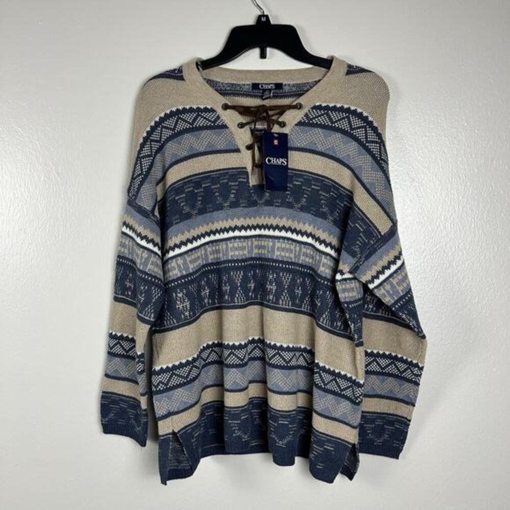 NWT‎ Chaps Women’s Southwestern Knit Tie Up Front Sweater Size L Boho Chic